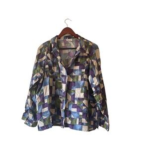 Vintage silk Abstract Geometric Print Button-Up Long Sleeve oversized‎ large